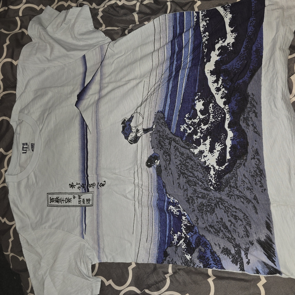 Graphic Tee with Mountain and Wave Design